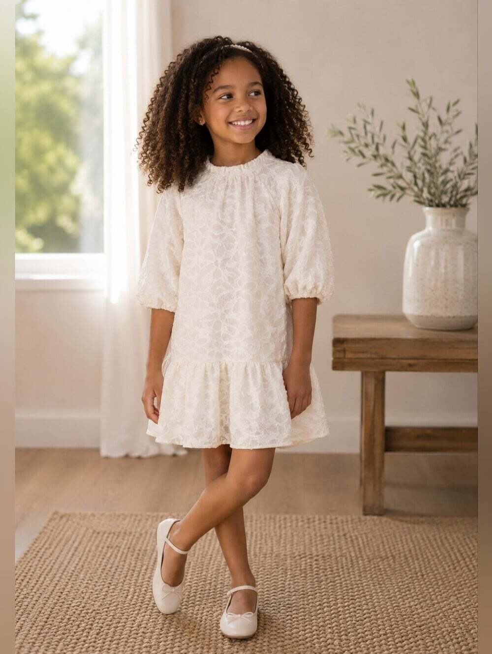 Zara Girls Ivory Textured Drop Waist Dress Size 7 122 Pearl Button Party